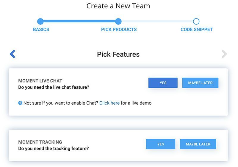 Creating a new team on Moment to add a live chat