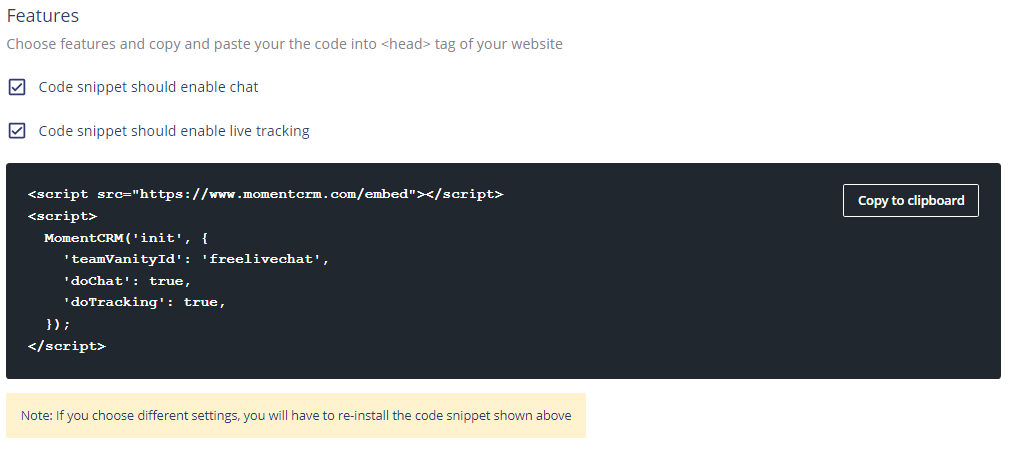 The code snippet settings, which generates the code to enable your free live chat widget on your website.